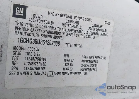 2005 Chevrolet Express G3500 from USA, damaged, VIN 1GCHG35U851202808